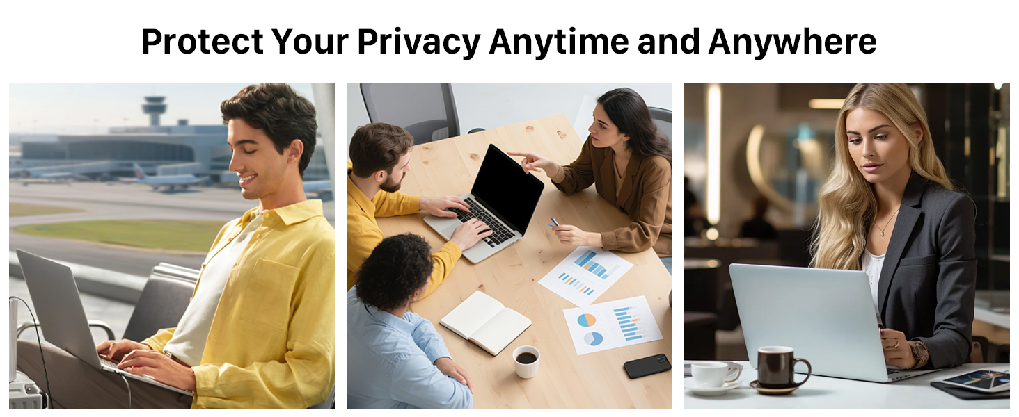 Text reads 'Protect Your Privacy Anytime and Anywhere'. Collage of lifestyle images showing people using devices in various settings - outdoors, office, and home environments.