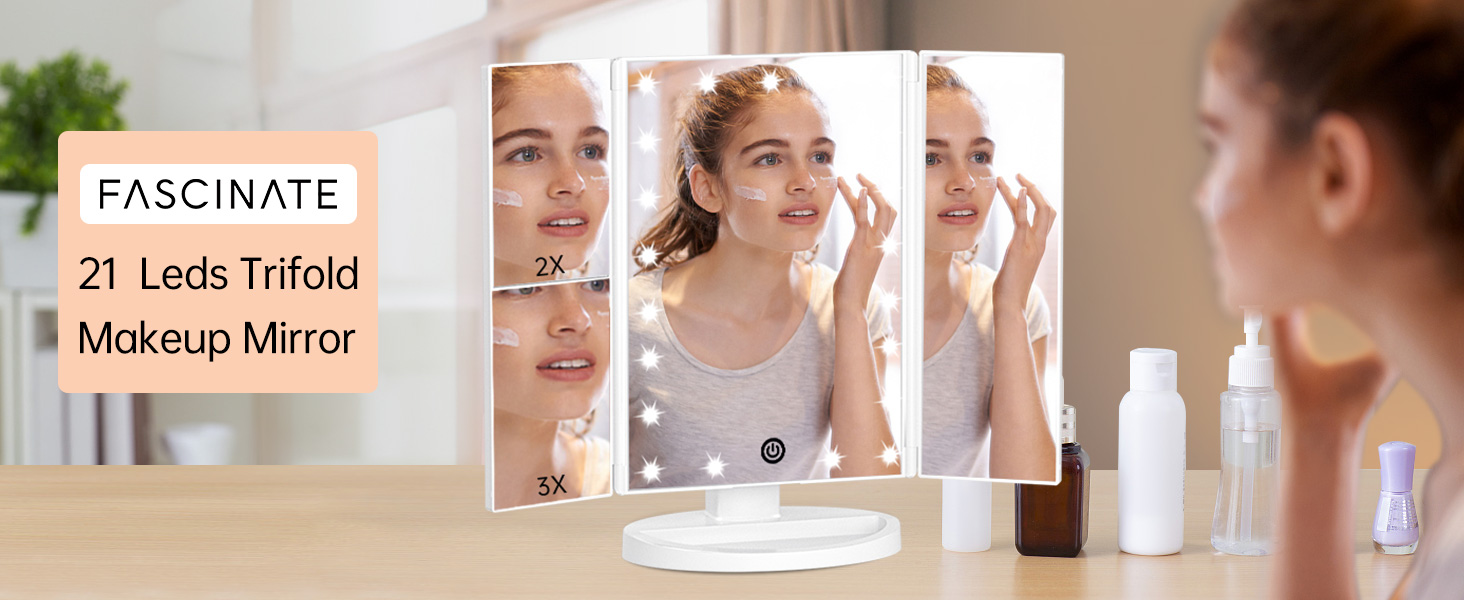 Trifold makeup mirror with lights