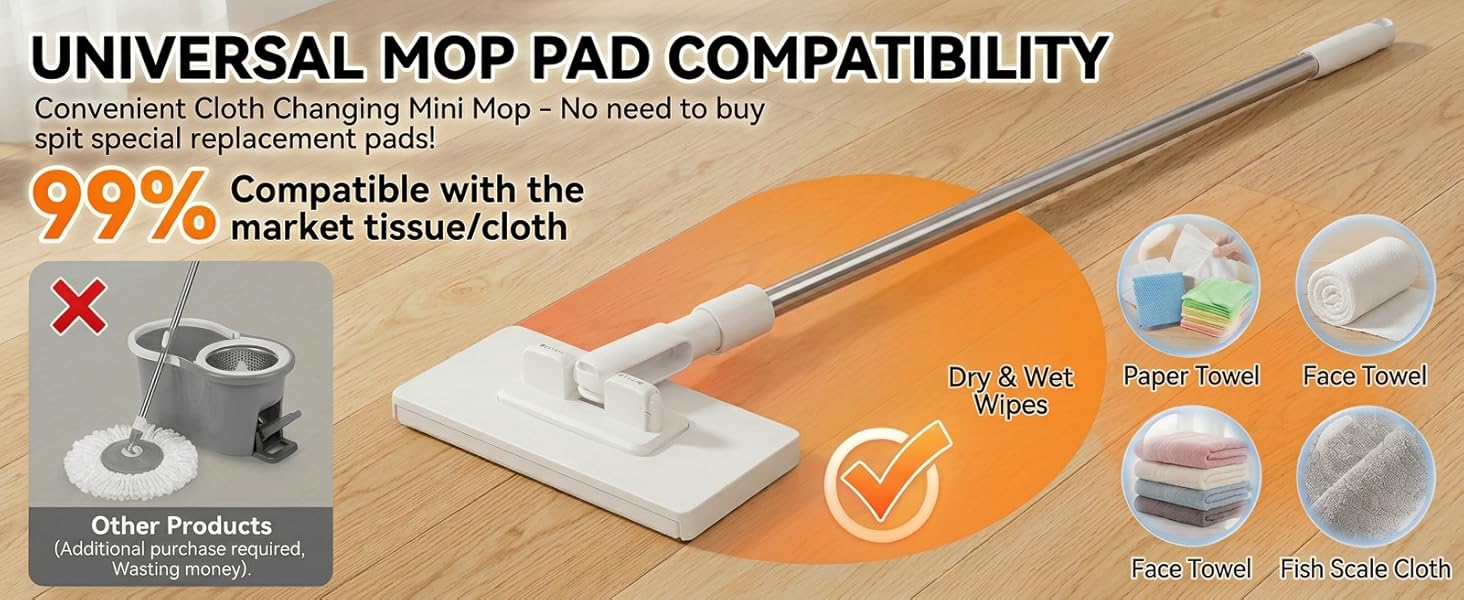 Snap Grip Mini Mop, Zero Touch Cloth Changing Mop with Automatic Push Pull Handle