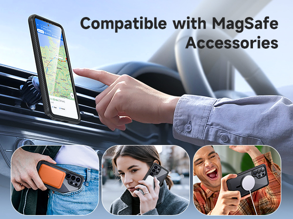 Text reads 'Compatible with MagSafe Accessories.' Image shows smartphone mounted on vehicle dashboard with hand holding device. Three smaller photos below display varied usage scenarios: car mounting, personal carry, and social contexts.