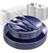 KIRE 175Pcs Blue Plastic Plates with Silver Rim & Disposable Silverware with Blue Handle & Silver...