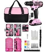 HUAKAYO Pink Cordless Drill Set 215 Pcs, 21V Pink Power Drill Tool Set Kit with Storage Bag, Elec...