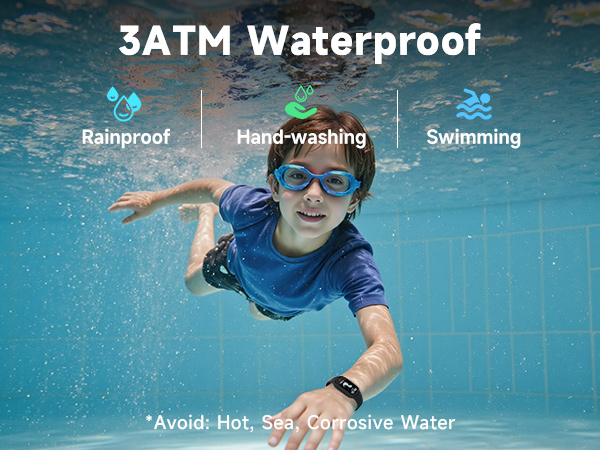 Text reads '3ATM Waterproof', 'Rainproof', 'Hand-washing', 'Swimming', '*Avoid: Hot, Sea Corrosive Water'. Underwater photos demonstrating waterproof capabilities with people swimming.