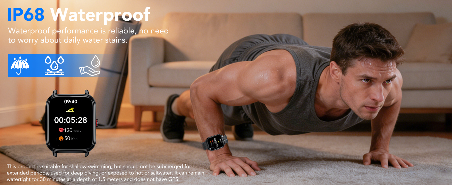 Text reads: 'IP68 Waterproof'. Person performing push-up exercise on floor, demonstrating waterproof feature of fitness device.