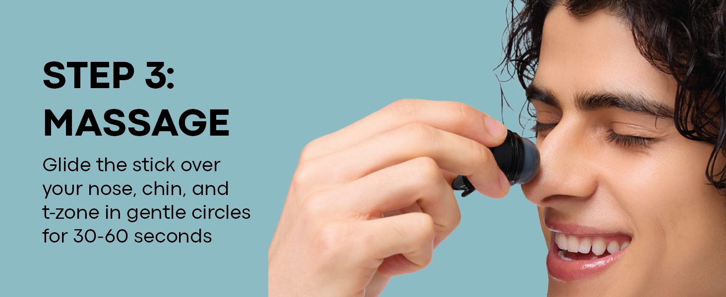 Step 3 - Massage: model gliding Tako Scrub Stick over nose in gentle circles.