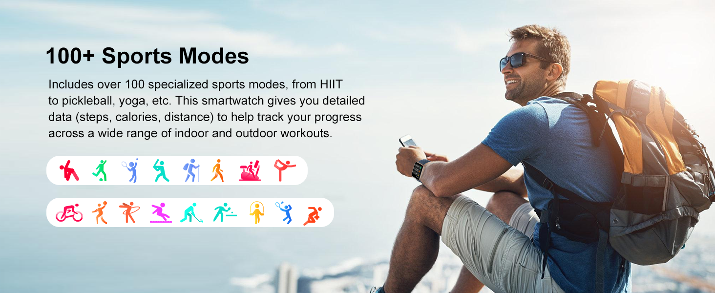 100+ sports modes: HIIT, pickleball, yoga.Tracks steps,calories,distance for indoor/outdoor workouts