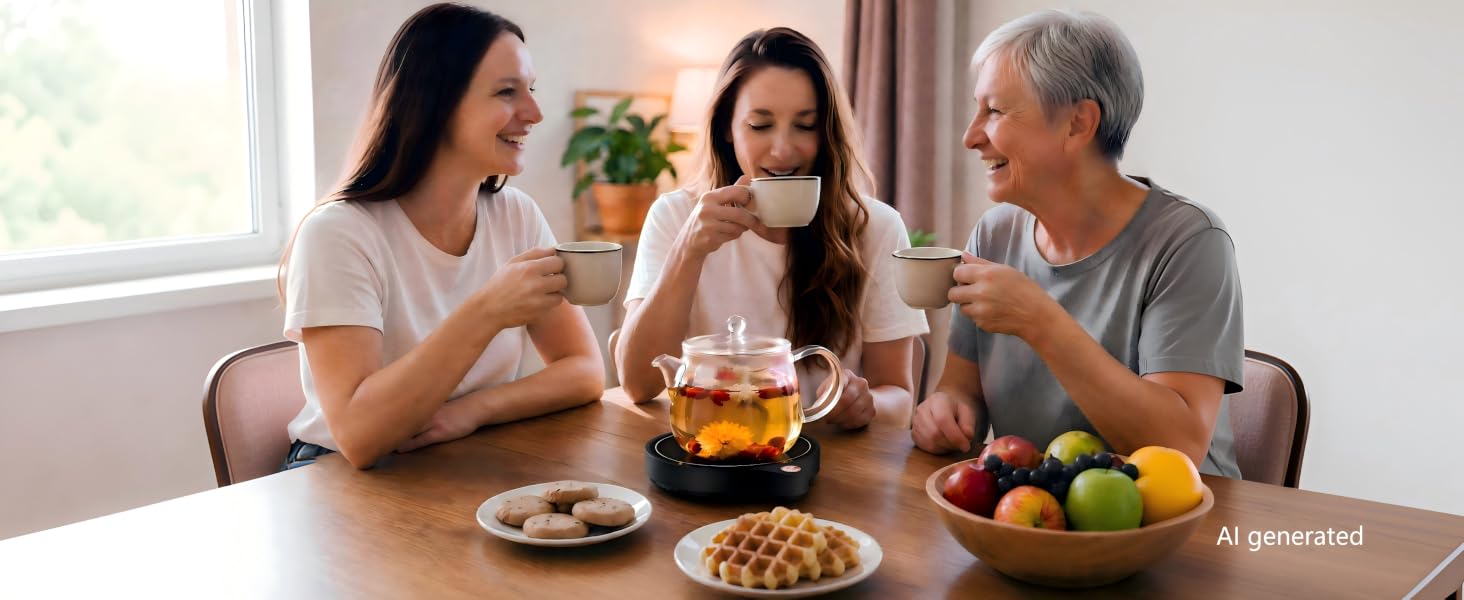 Multi-use beverage warmer for tea, meetings, and family gatherings.