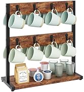 IBUYKE Wood Coffee Mug Holder for Countertop,16 Hook Mug Tree Holder Rack with Storage Base,Mug D...