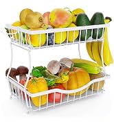 Zurklulu 2-Tier Fruit Basket for Kitchen Counter with 2 Banana Hangers – Metal Fruit Bowl for Oni...