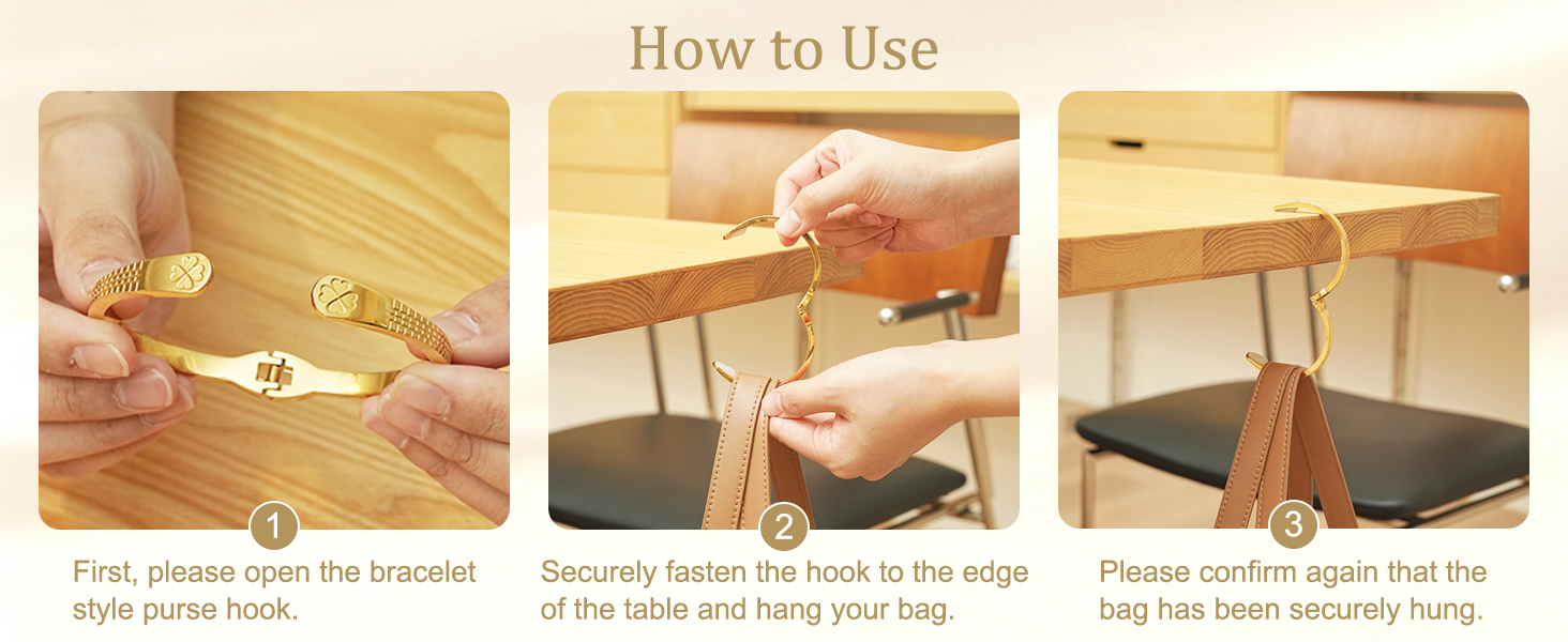 Securely fasten the hook to the edge of the table and hang your bag.