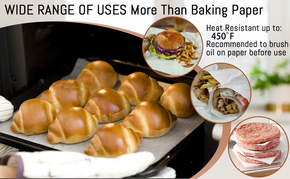WIDE RANGE OF USES More Than Baking Paper Heat Resistant up to:428°F/220CRecommended to brushoil