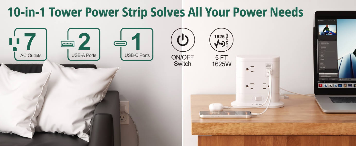 10-in-1 tower power strip solves all your power needs
