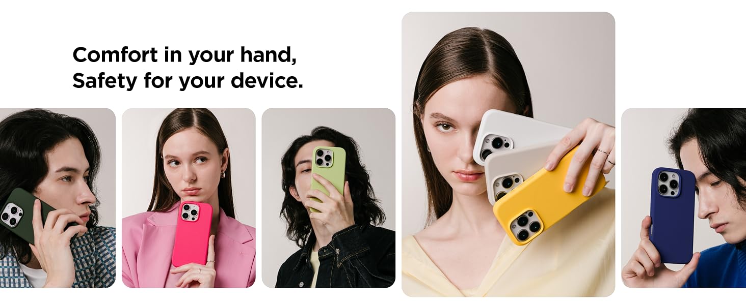 Product advertisement showing smartphone cases in various colors including yellow, pink, blue, and black, emphasizing comfort and safety features.
