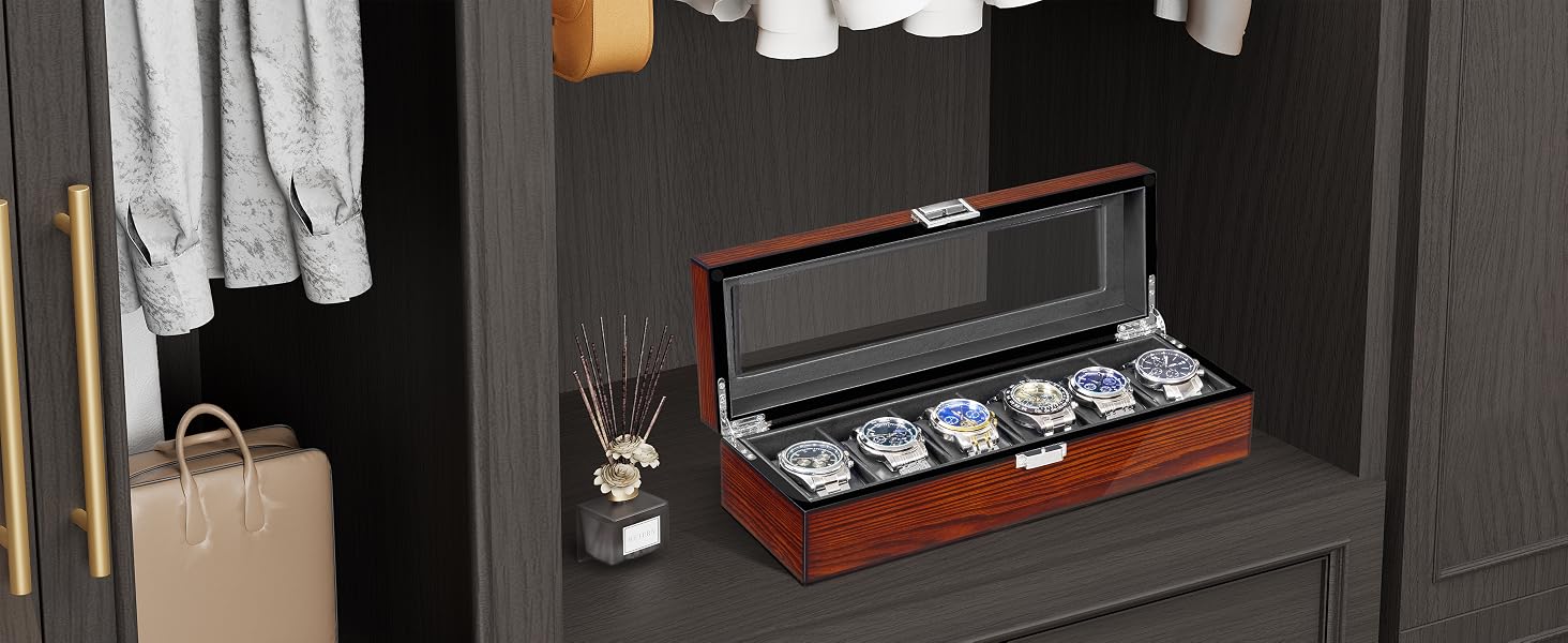 BEWISHOME Watch Box, 6 Slot Mens Watch Case, Watch Storage Organizer for Men, Watch