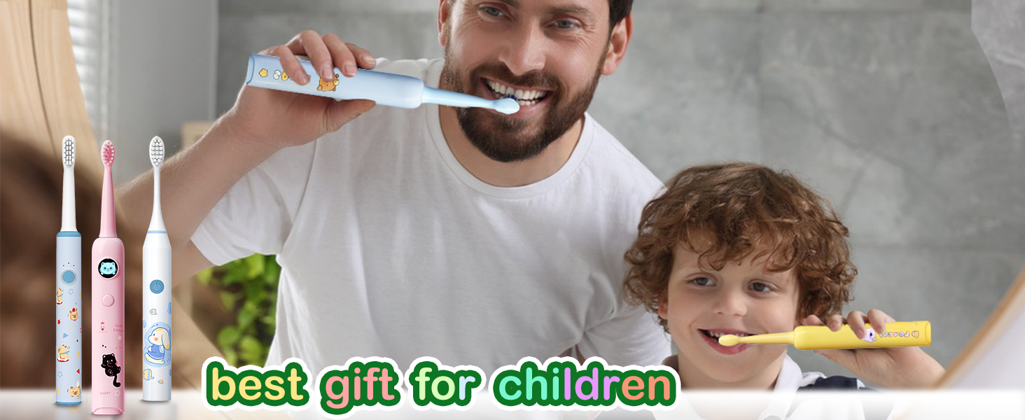 Text reads 'best gift for children'. Electric toothbrushes being demonstrated, with pink and white models shown.