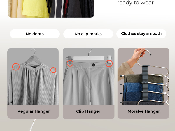 Text reads 'No pin holes, No clip marks, Clothes stay smooth, Regular Hanger, Clip Hanger