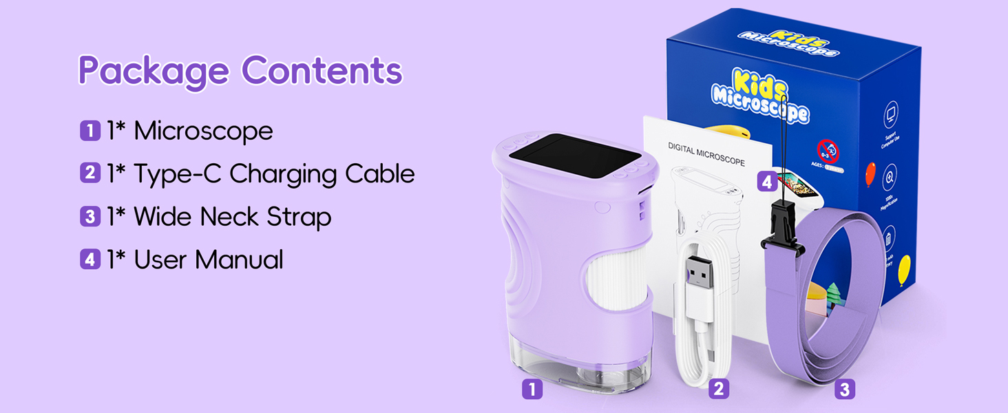Text reads: 'Package Contents: 1* Microscope, 1* Type-C Charging Cable, 1* Wide Neck Strap, 1* User Manual'. Shows product box and components on purple background.