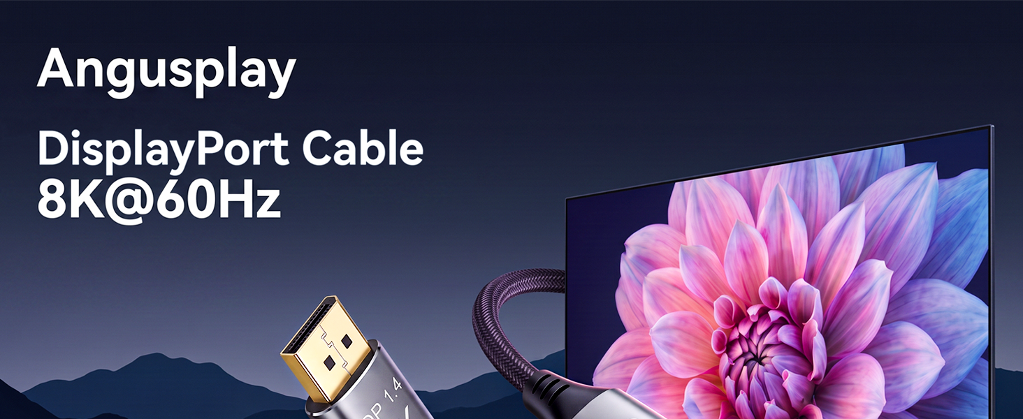 Text reads 'Angusplay DisplayPort Cable 8K@60Hz.' Dark blue background with pink flower image and gold Angusplay logo symbol displayed.