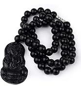vv8oo Bian Stone Necklace Pendant Buddhist Bodhisattva Black Beads Round for Men Women (Arya Aval...