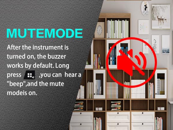 Default buzzer on power-on; long press to mute, with a beep to confirm.