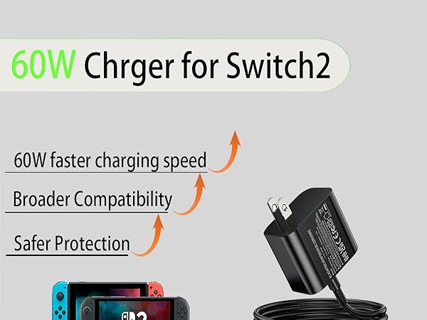 60w Charger for Nintendo Switch 2 Charger 20V 3A Power AC Adapter Fast Charging with 5FT USB C Cord