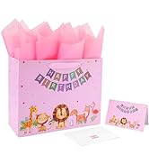 13" Large Pink Gift Bag Set with Greeting Card and Tissue Papers (Animal and Happy Birthday) for ...