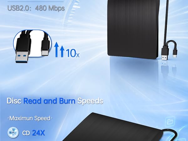 Text reads 'USB2.0 480 Mbps', 'Disc Read and Burn' and 'Coupler'. Product specifications shown with black external drive, cable, and headphones displayed on blue background.