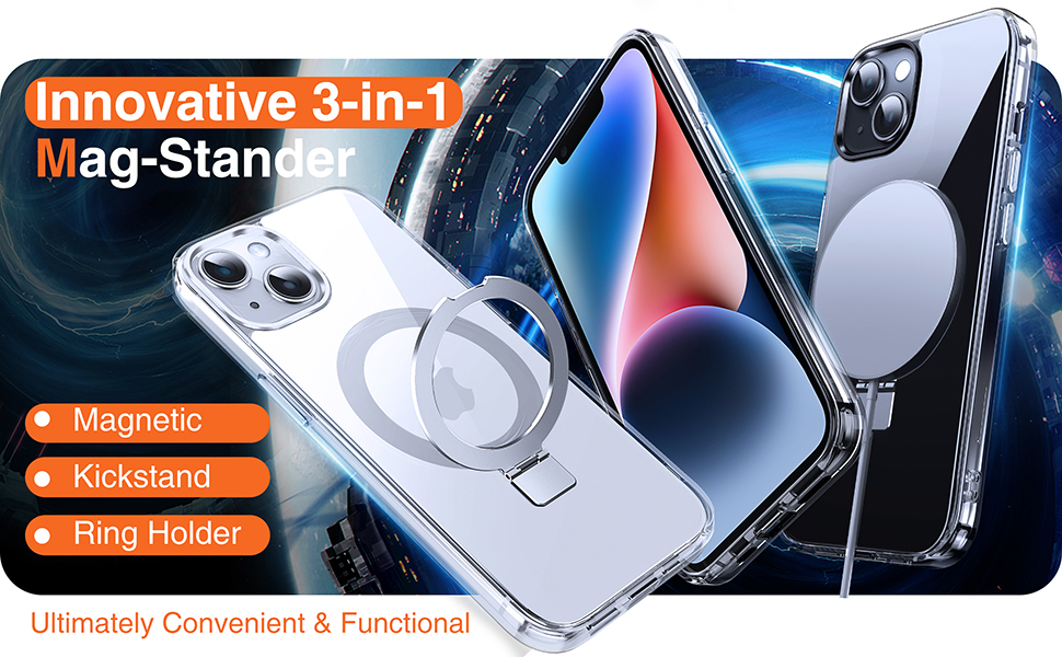 3-in-1 magnetic phone accessory featuring magnetic attachment, kickstand, and ring holder functionality. Compatible with multiple phone models.