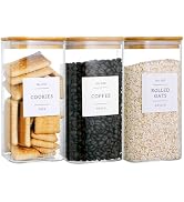 CZZGSM 3 Pack Square Glass Kitchen Storage Jars with Airtight Bamboo Lids and 132 Pantry Labels -...