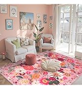 Pink Area Rug 4x6 Rug Washable Boho Rugs Non Slip Low Pile Floral Small Carpet for Bedroom, Bedsi...
