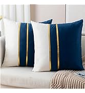 ZLINA Set of 2 Velvet Decorative Throw Pillow Covers Navy Blue White Patchwork with Gold Leather ...