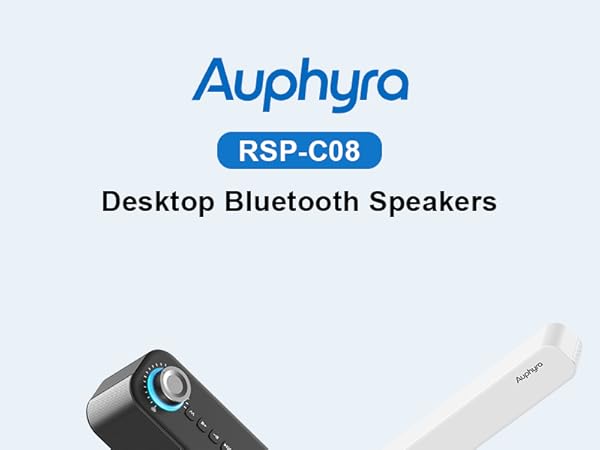 Text reads 'Auphyra' and 'RSP-C08' and 'Desktop Bluetooth Speakers'. Product appears to be promotional material for audio equipment.