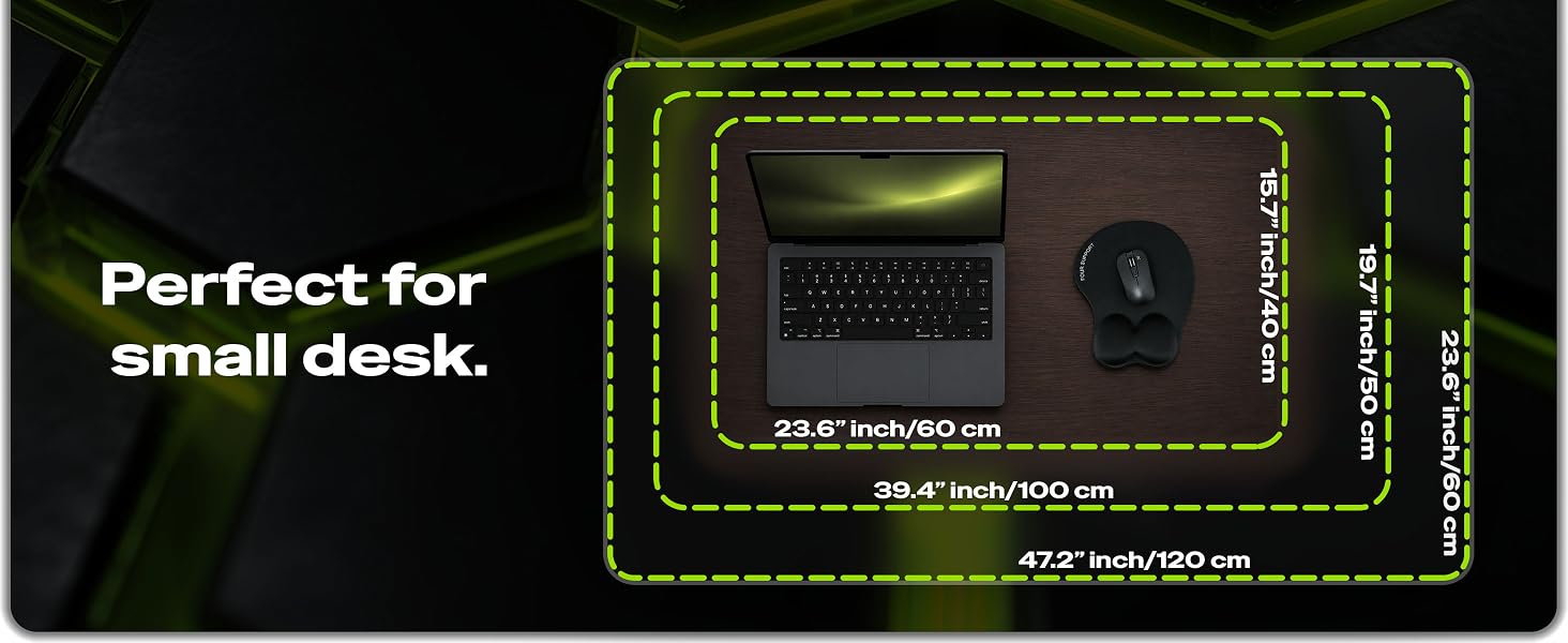 Ergonomic mouse pad size chart with dimensions in inches.