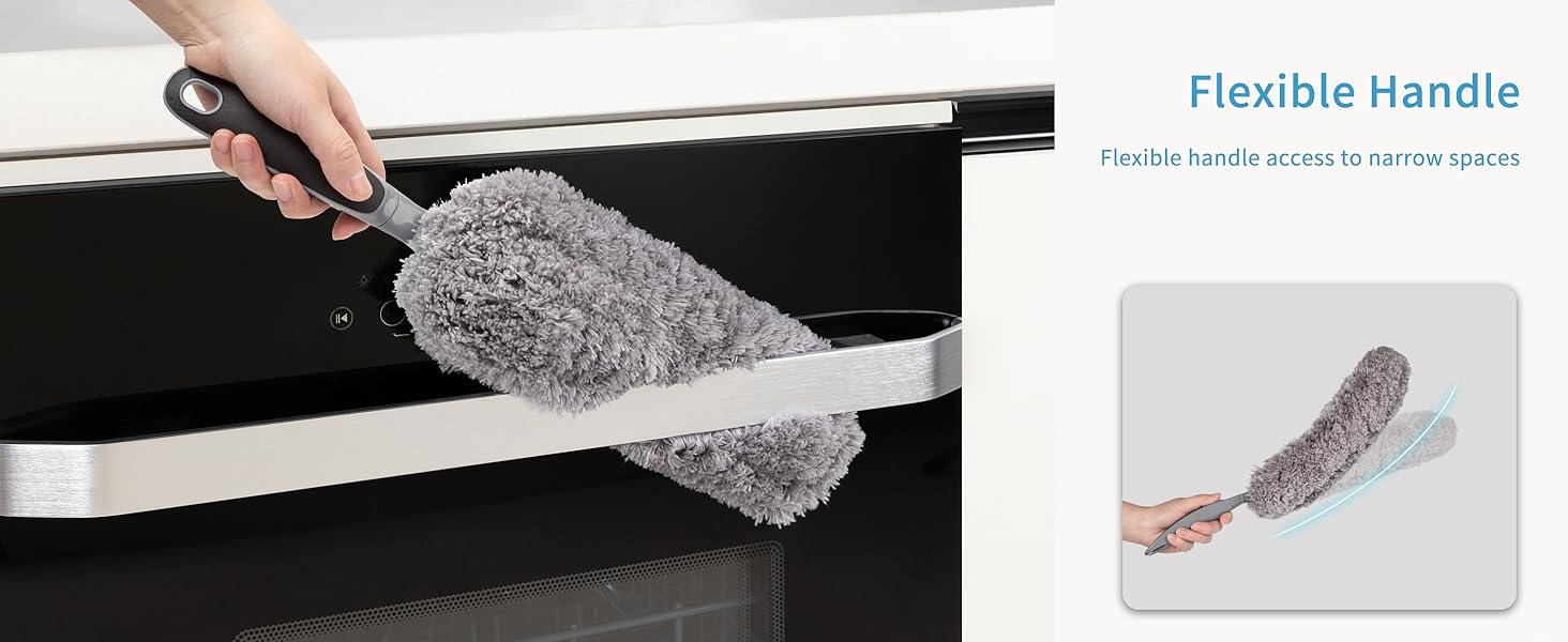 Grey cleaning brush with flexible handle shown cleaning a dark surface, with product detail image displaying the brush's bendable design.