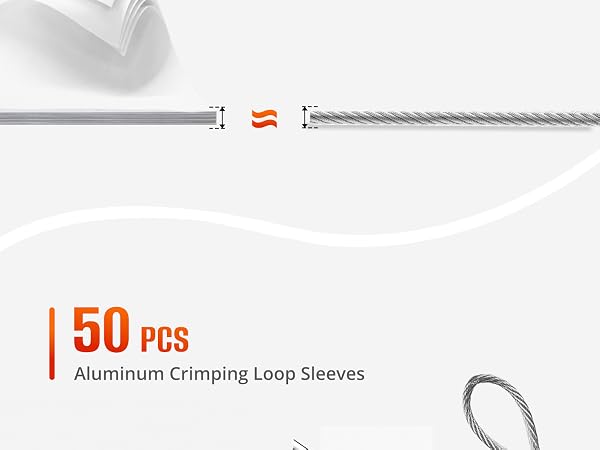 CHIWODA wire rope kit includes 50 pcs aluminum crimp sleeves for secure loop connections.