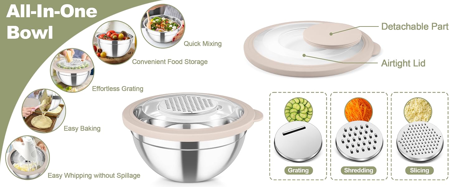 3 grater attachments can be placed on the largest lid for slicing/ grating/ shredding for prepping