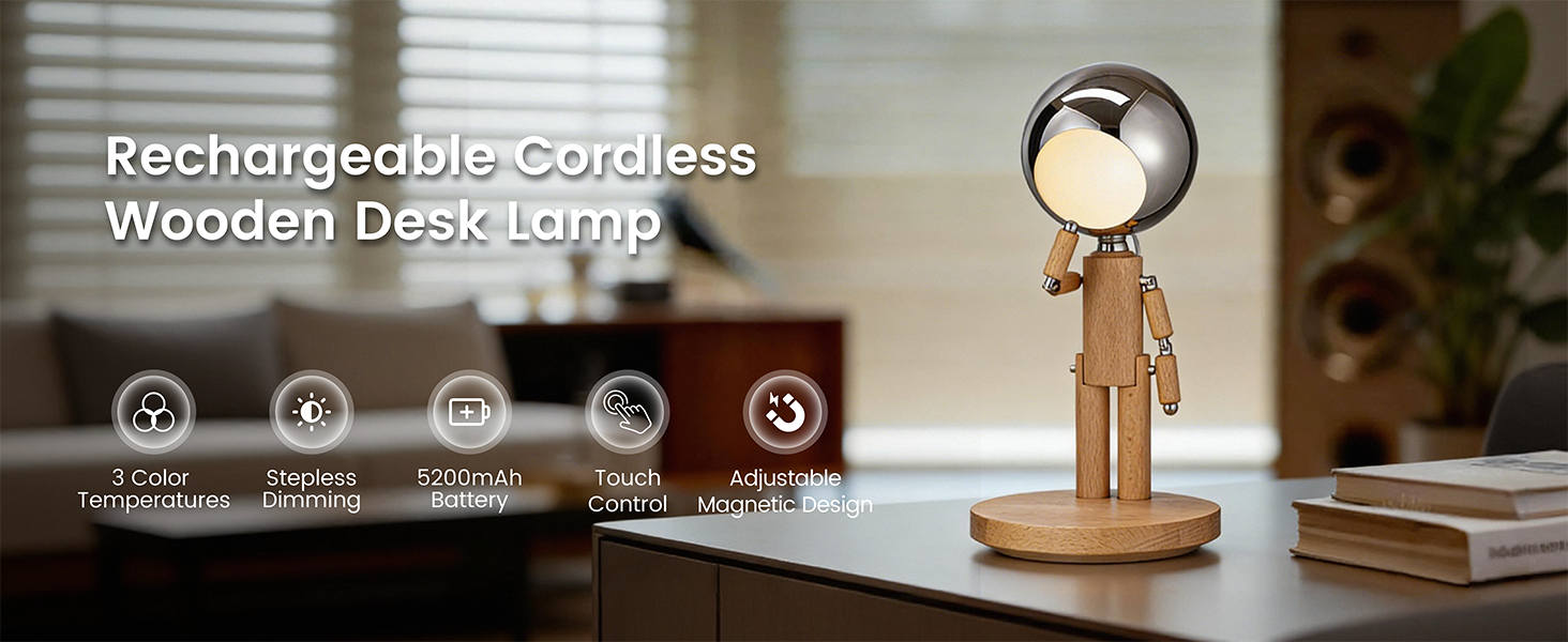 Rechargeable Cordless Desk Lamp, PAUSE Moon Lamp, Creative Wooden Desk Lamp