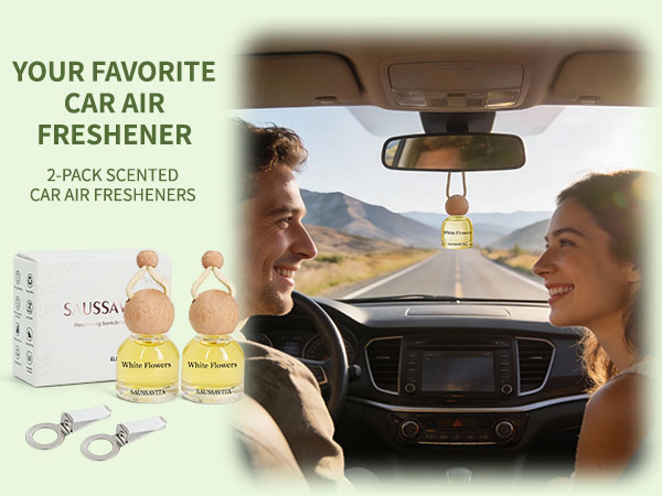 Text reads 'YOUR FAVORITE CAR AIR FRESHENER' and '2-PACK SCENTED CAR AIR FRESHENERS'. Product image shows car interior scene with hanging air freshener bottles.