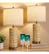 GyroVu Rattan Table Lamps Set of 2, Bedside Lamps for Bedroom Nightstand | 3-Way Dimmable Boho Be...