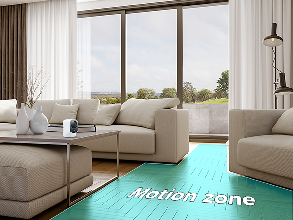Modern living room with beige sofas, coffee table, and large windows. Text overlay 'Motion zone' highlighted in turquoise on floor area.