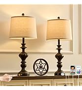 SAIWEYA 27.5" Farmhouse Table Lamps Set of 2 Bedside Lamp with USB C+A Ports & AC Outlet, 3 Way D...