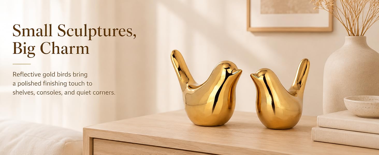 Small Gold Bird Sculptures for Tabletop Decor