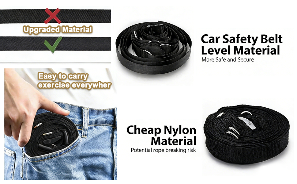 Text reads 'Car Safety Belt', 'Upgraded Material', 'Cheap Nylon Material', 'Level material'. Comparison showing different types of seat belt adjustment clips, contrasting upgraded vs basic materials.