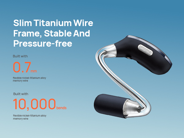 Text reads 'Slim Titanium Wire Frame, Stable And Pressure-free 10,000...'. Product photo shows sleek modern computer mouse with slim design in black and silver colors.