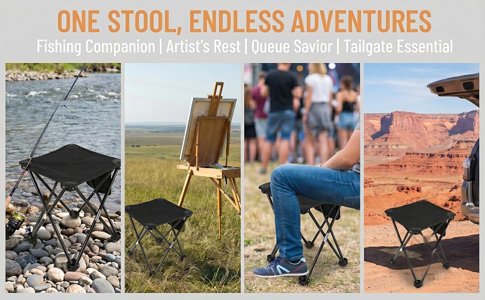 Camping stool shown in four scenarios: fishing, painting, events, and tailgating.