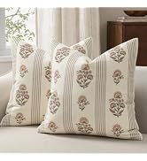 DKwizme Vintage Throw Pillow Covers 20x20 Set of 2, Striped Floral Pillow Cover Botanical Pattern...