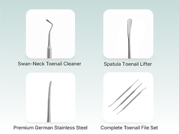 Text reads: 'Swan Neck Tonsil Cleaner', 'Spatula Tonsil Lifter', 'Premium German Stainless Steel', 'Complete Tonsil Fle Set'. Four medical/dental instruments displayed: curved swan-neck tool, flat spatula lifter, and two additional stainless steel implements for oral care.