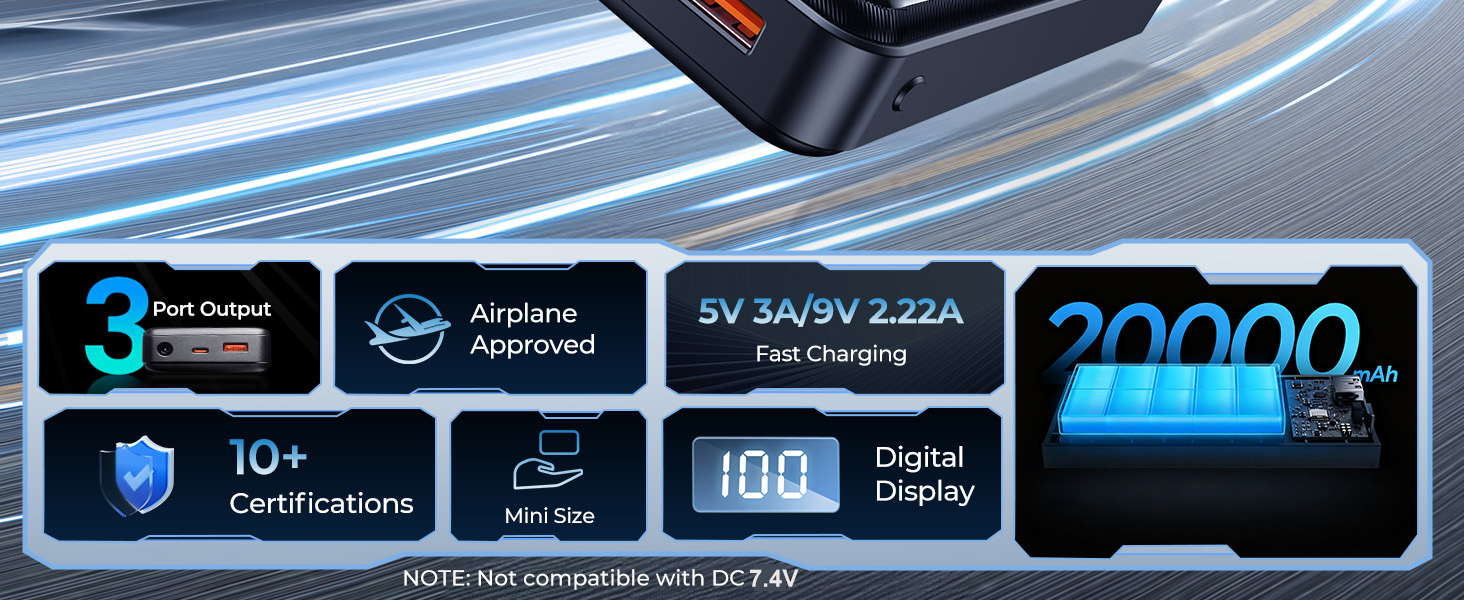 7.4V/5V 20000mAh Heated jacket Battery Pack, Compatible with ORORO and Venustas, Power Bank