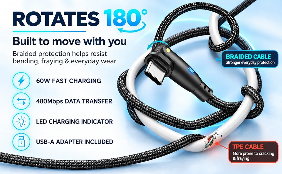 180 Degree rotating USB-C Cable with USB-A Adapter. 60W Charging power. 6.6 feet long.