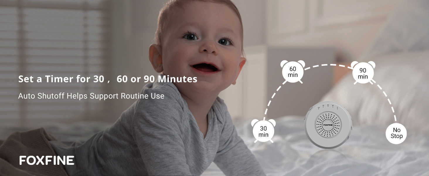 Baby with timer icons above FOXFINE sound machine